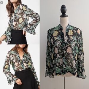 Club Monaco Floral Flounce Sleeve Sheer Blouse